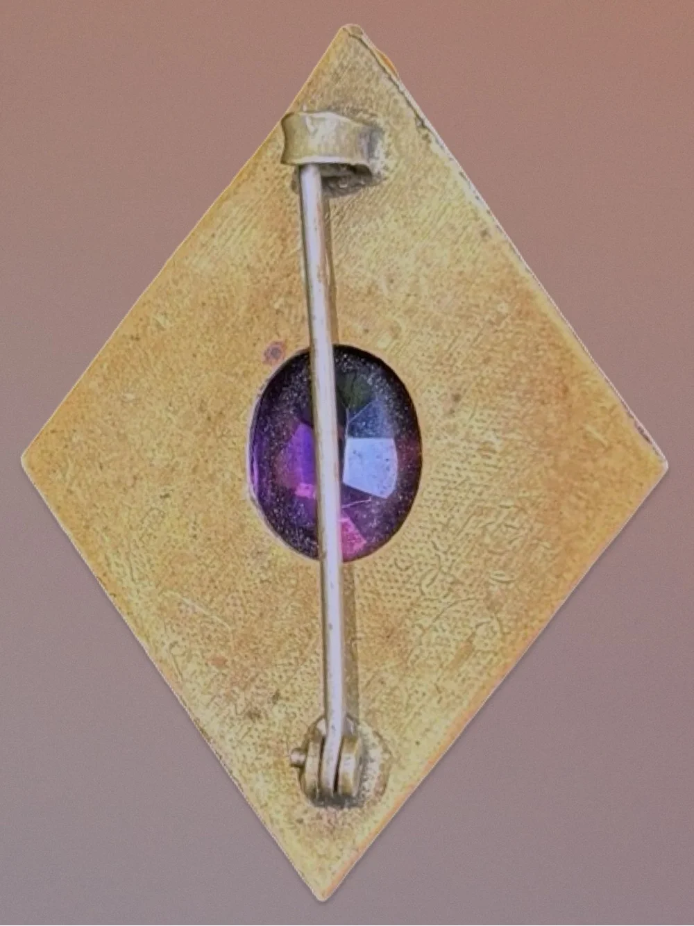 Antique Arts & Crafts Hammered Brass Amethyst Glass Brooch Pin w/ Box